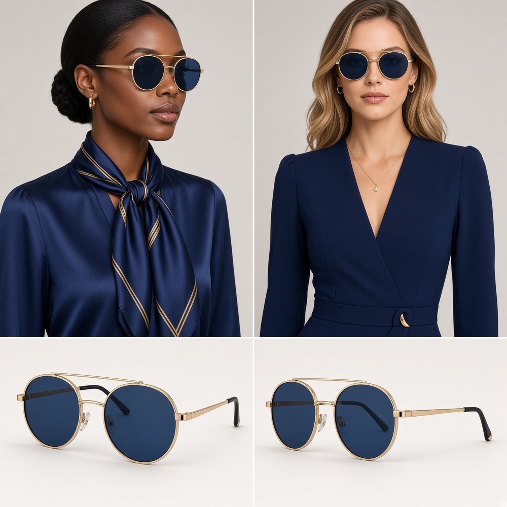Circle Sunglasses Women Gold Black Lens Double Bridge Metal Classic Chic Summer